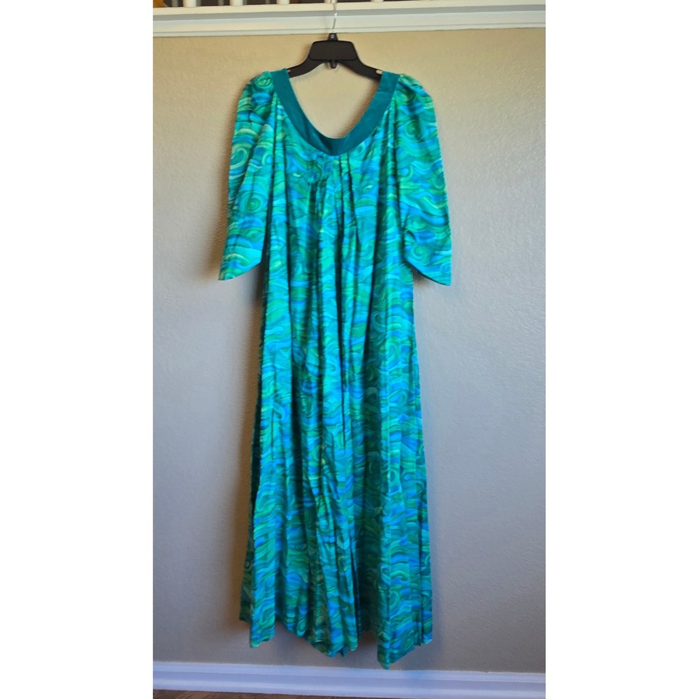 Vintage Bette Inc Honolulu Hawaii Cotton Maxi Dress Teal Green Wave Print 8 - Picture 6 of 13